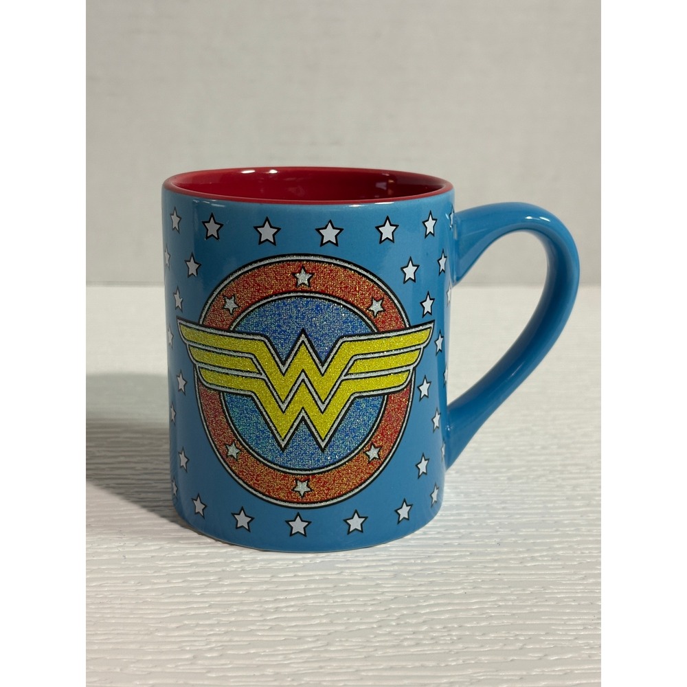 Wonder Woman DC Comics Silver Buffalo Blue Glitter Logo 14oz Coffee Mug S0116